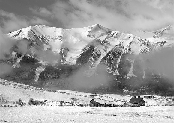 Black and white of spring snow on Whetstone Mountain
