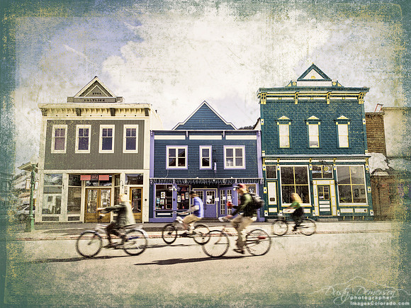 Bicycles in front of Victorian shops along main street Crested Butte Colorado
