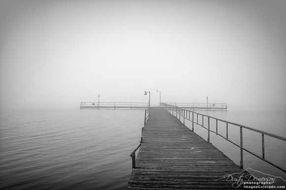 Fog surrounds an empty fishing pier in Oklahoma