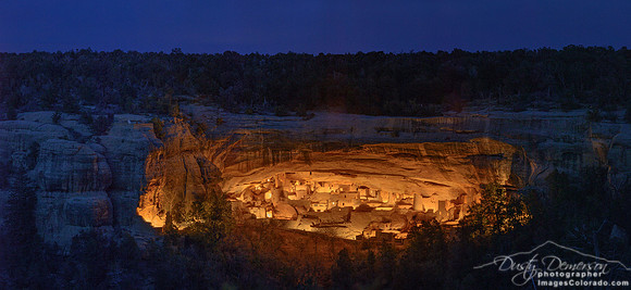 Cliff Palace Mesa Verde illuminated night lighs panorama